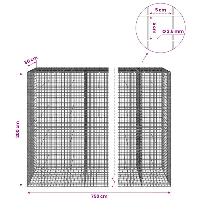 Gabion cu sârmă de 3,5 mm și plasă de 5x5 cm 750x50x200 cm WALTI