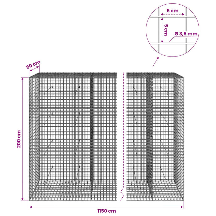 Gabion cu sârmă de 3,5 mm și plasă de 5x5 cm 1150x50x200 cm WALTI
