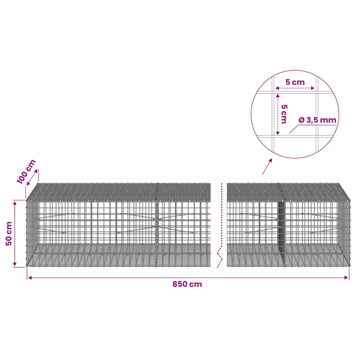 Gabion cu sârmă de 3,5 mm și plasă de 5x5 cm 850x100x50 cm WALTI