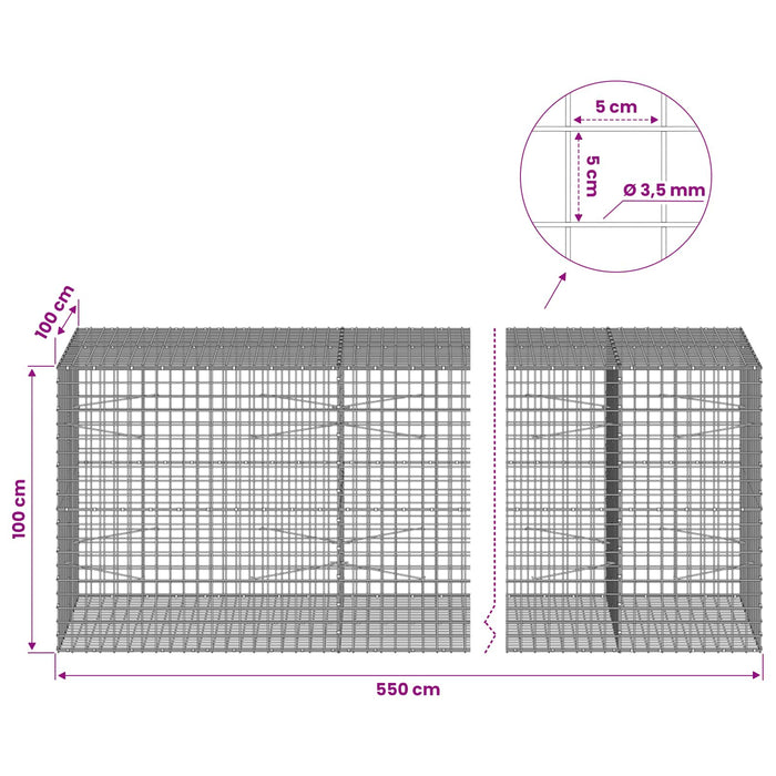 Gabion cu sârmă de 3,5 mm și plasă de 5x5 cm 550x100x100 cm WALTI