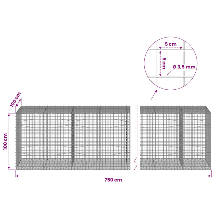 Gabion cu sârmă de 3,5 mm și plasă de 5x5 cm 750x100x100 cm WALTI