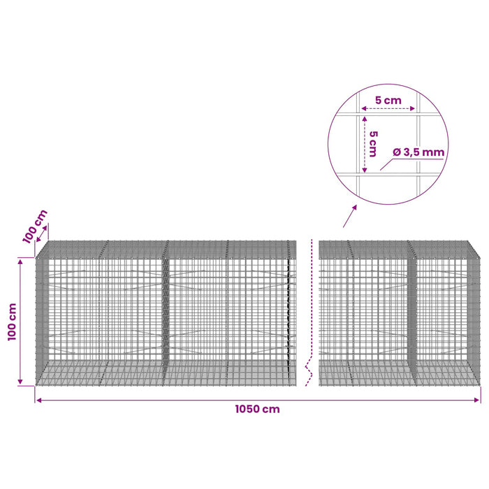 Gabion cu sârmă de 3,5 mm și plasă de 5x5 cm 1050x100x100 cm WALTI