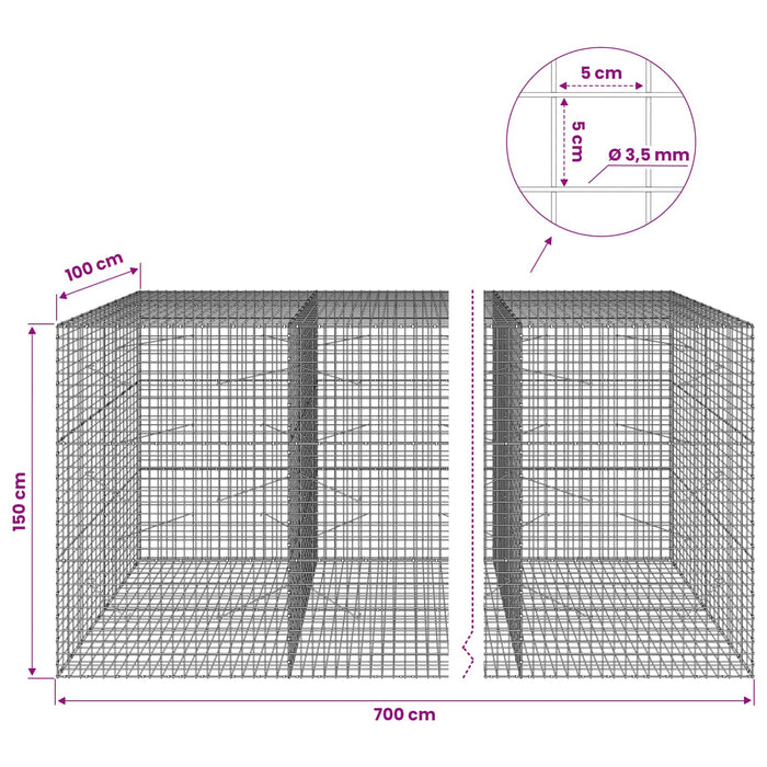 Gabion cu sârmă de 3,5 mm și plasă de 5x5 cm 700x100x150 cm WALTI
