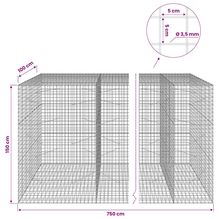 Gabion cu sârmă de 3,5 mm și plasă de 5x5 cm 750x100x150 cm WALTI