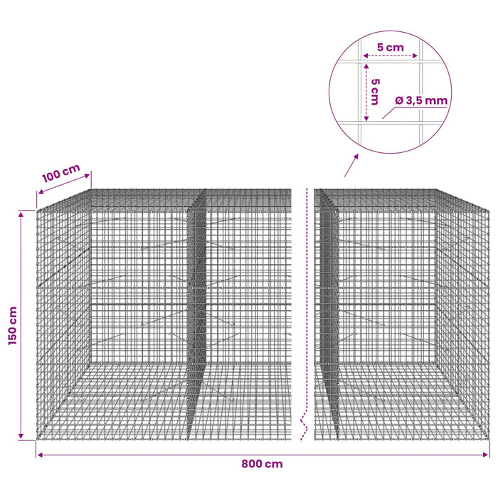Gabion cu sârmă de 3,5 mm și plasă de 5x5 cm 800x100x150 cm WALTI