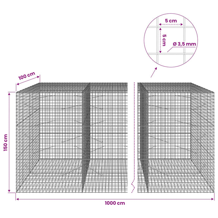 Gabion cu sârmă de 3,5 mm și plasă de 5x5 cm 1000x100x150 cm WALTI
