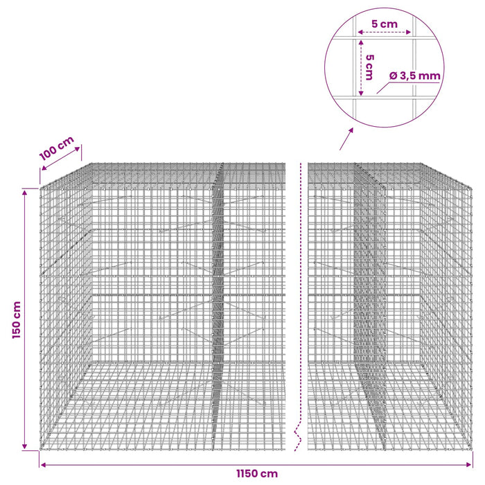 Gabion cu sârmă de 3,5 mm și plasă de 5x5 cm 1150x100x150 cm WALTI