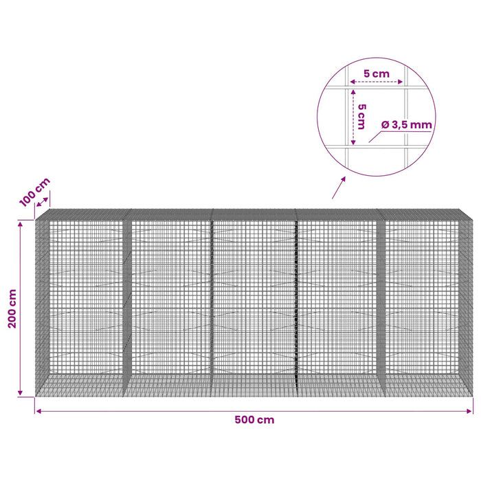 Gabion cu sârmă de 3,5 mm și plasă de 5x5 cm 500x100x200 cm WALTI