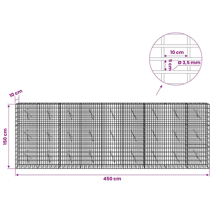 Gabion cu Sârmă de 3,5 mm și Plasă de 5x10 cm 450x10x150 cm WALTI