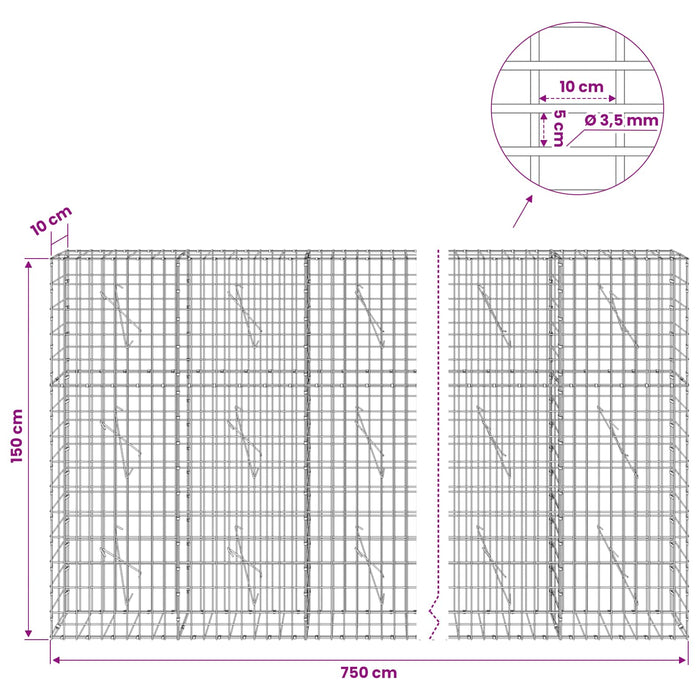 Gabion cu Sârmă de 3,5 mm și Plasă de 5x10 cm 750x10x150 cm WALTI