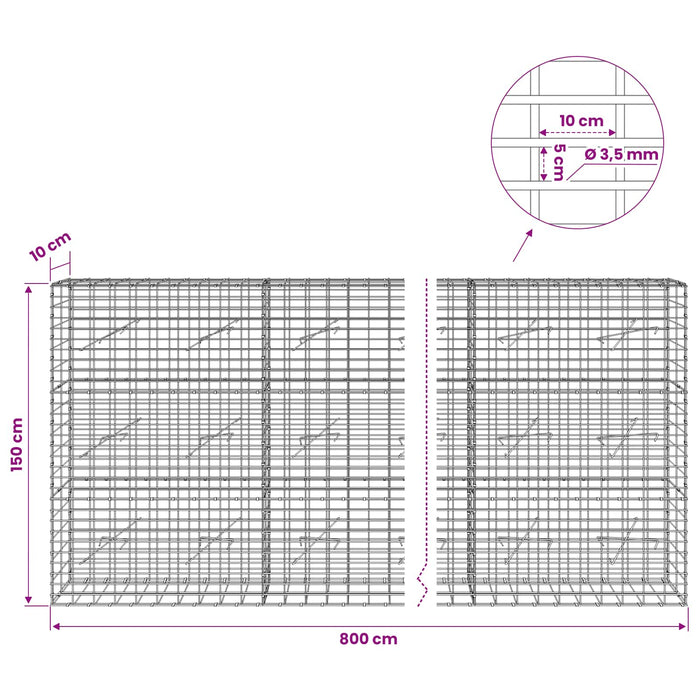 Gabion cu Sârmă de 3,5 mm și Plasă de 5x10 cm 800x10x150 cm WALTI