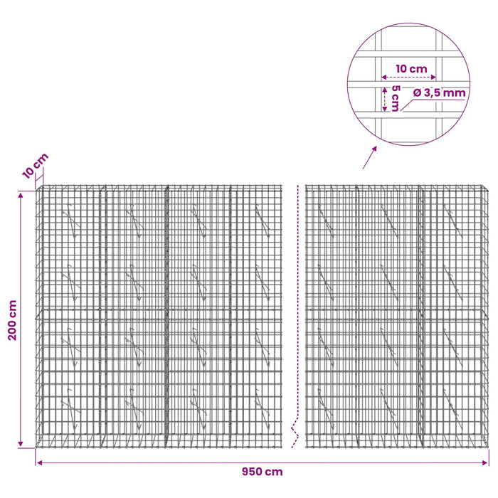 Gabion cu Sârmă de 3,5 mm și Plasă de 5x10 cm 950x10x200 cm WALTI