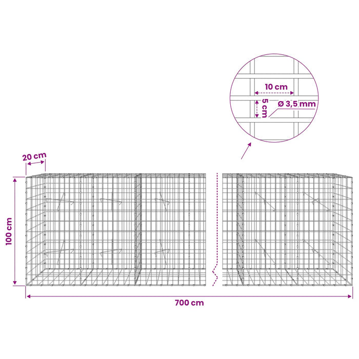 Gabion cu Sârmă de 3,5 mm și Plasă de 5x10 cm 700x20x100 cm WALTI