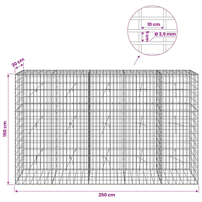 Gabion cu Sârmă de 3,5 mm și Plasă de 5x10 cm 250x20x150 cm WALTI