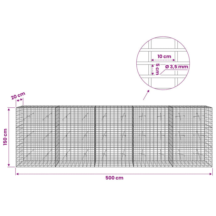 Gabion cu Sârmă de 3,5 mm și Plasă de 5x10 cm 500x20x150 cm WALTI
