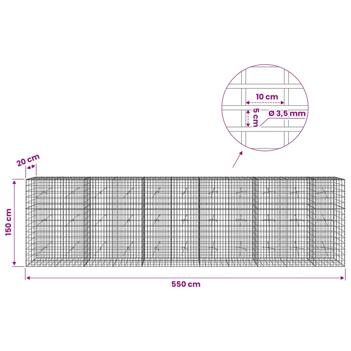 Gabion cu Sârmă de 3,5 mm și Plasă de 5x10 cm 550x20x150 cm WALTI