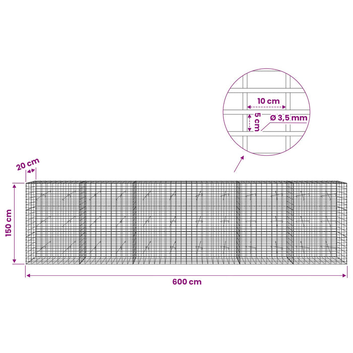 Gabion cu Sârmă de 3,5 mm și Plasă de 5x10 cm 600x20x150 cm WALTI