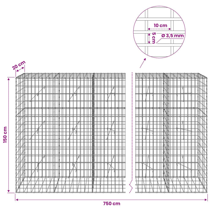 Gabion cu Sârmă de 3,5 mm și Plasă de 5x10 cm 750x20x150 cm WALTI