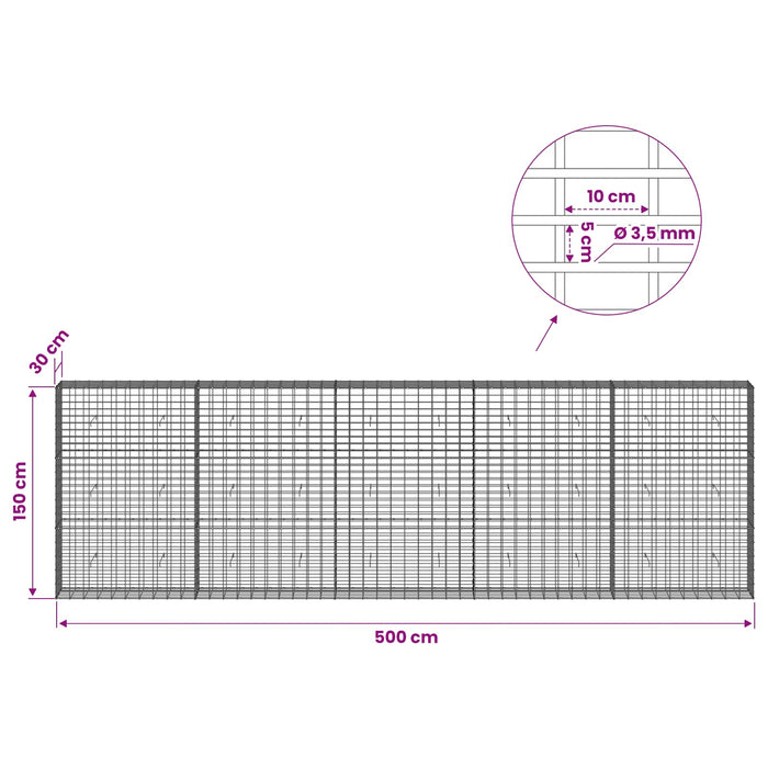 Gabion cu Sârmă de 3,5 mm și Plasă de 5x10 cm 500x30x150 cm WALTI