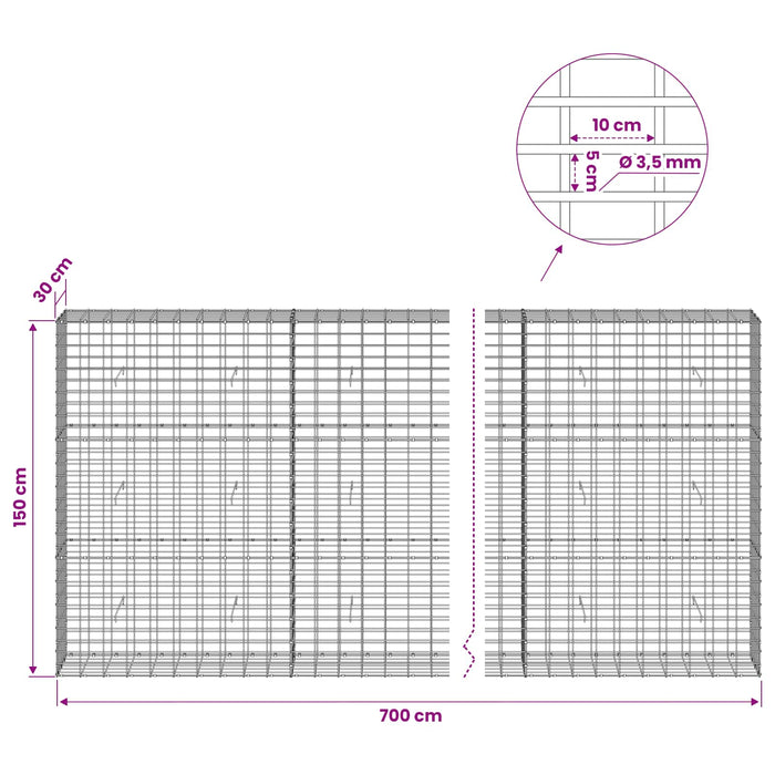 Gabion cu Sârmă de 3,5 mm și Plasă de 5x10 cm 700x30x150 cm WALTI