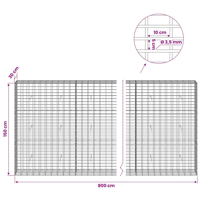 Gabion cu Sârmă de 3,5 mm și Plasă de 5x10 cm 800x30x150 cm WALTI