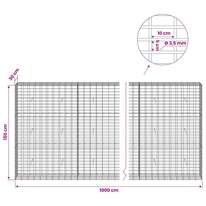 Gabion cu Sârmă de 3,5 mm și Plasă de 5x10 cm 1000x30x150 cm WALTI