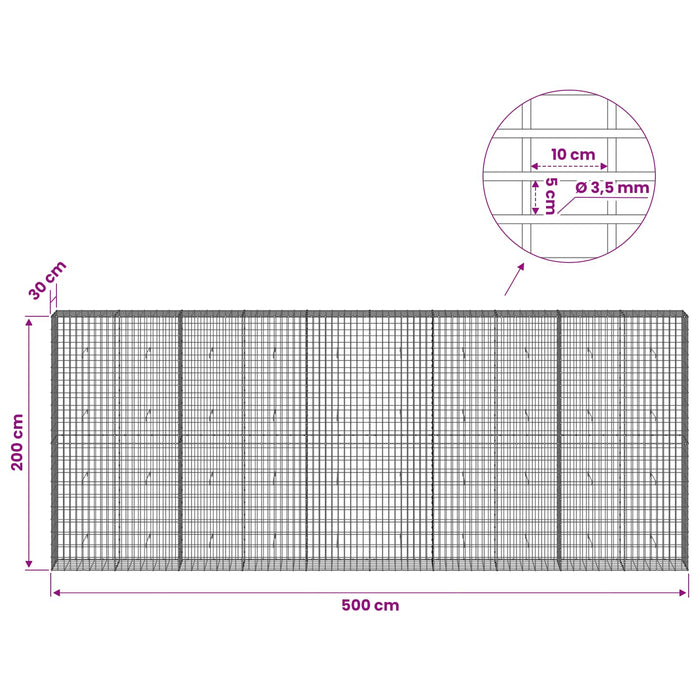 Gabion cu Sârmă de 3,5 mm și Plasă de 5x10 cm 500x30x200 cm WALTI
