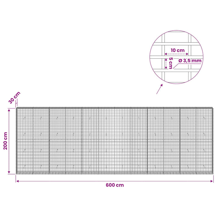 Gabion cu Sârmă de 3,5 mm și Plasă de 5x10 cm 600x30x200 cm WALTI