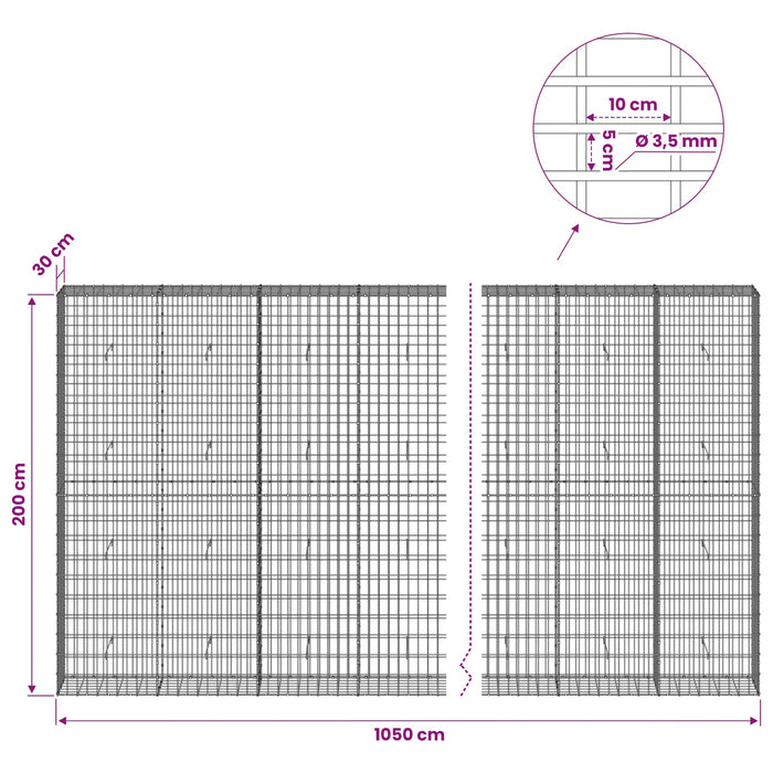 Gabion cu Sârmă de 3,5 mm și Plasă de 5x10 cm 1050x30x200 cm WALTI