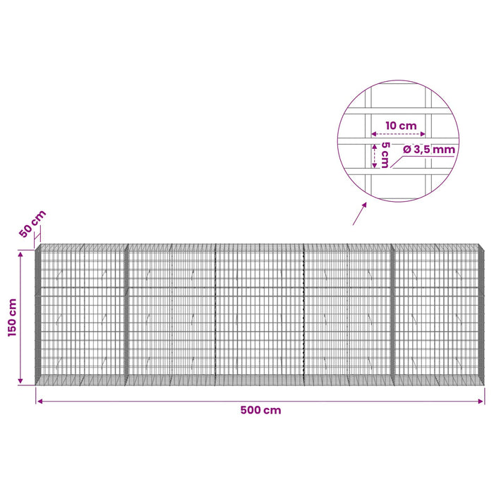 Gabion cu Sârmă de 3,5 mm și Plasă de 5x10 cm 500x50x150 cm WALTI