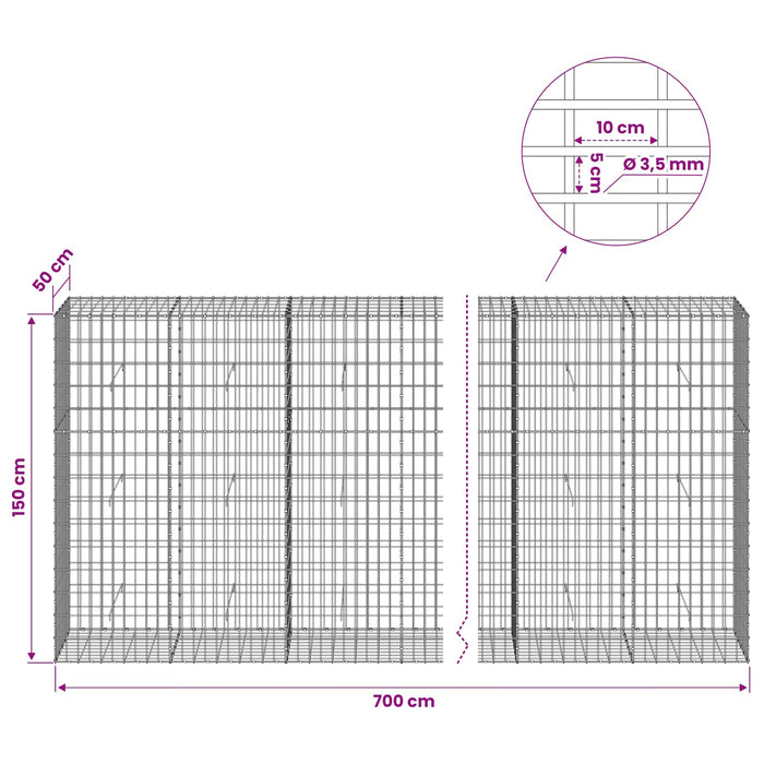 Gabion cu Sârmă de 3,5 mm și Plasă de 5x10 cm 700x50x150 cm WALTI