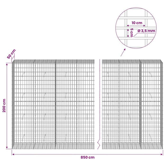 Gabion cu Sârmă de 3,5 mm și Plasă de 5x10 cm 850x50x200 cm WALTI
