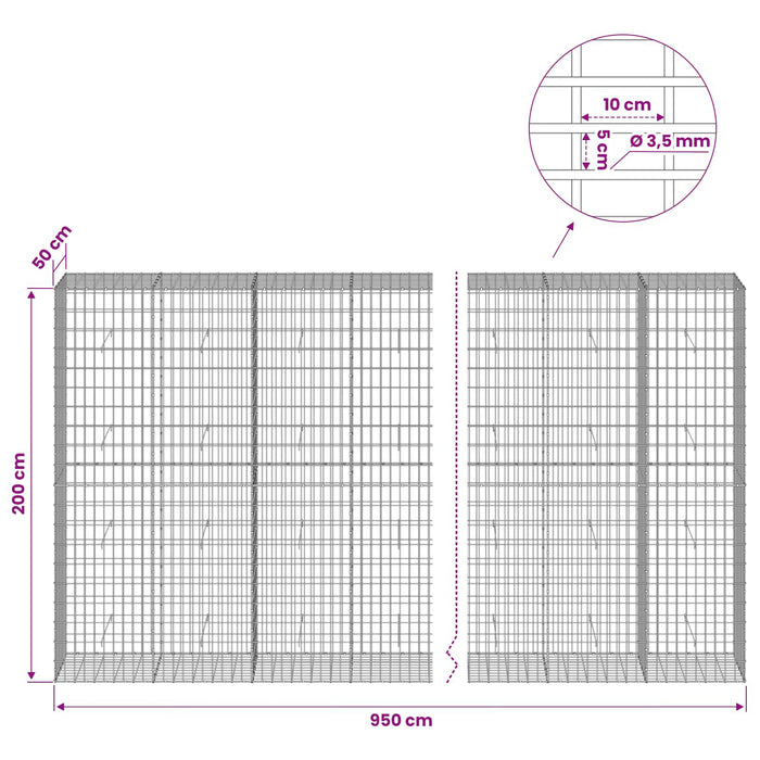 Gabion cu Sârmă de 3,5 mm și Plasă de 5x10 cm 950x50x200 cm WALTI