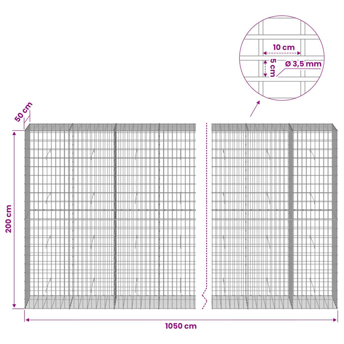 Gabion cu Sârmă de 3,5 mm și Plasă de 5x10 cm 1050x50x200 cm WALTI