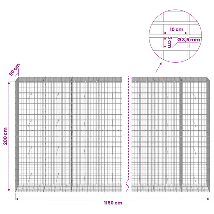 Gabion cu Sârmă de 3,5 mm și Plasă de 5x10 cm 1150x50x200 cm WALTI