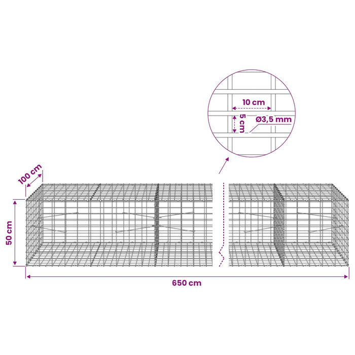 Gabion cu Sârmă de 3,5 mm și Plasă de 5x10 cm 650x100x50 cm WALTI