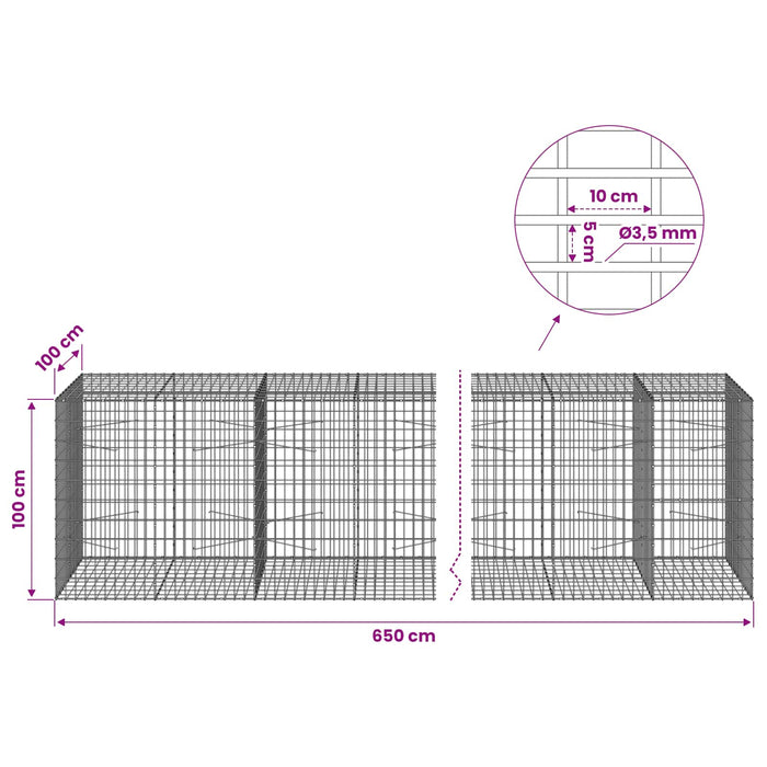 Gabion cu Sârmă de 3,5 mm și Plasă de 5x10 cm 650x100x100 cm WALTI