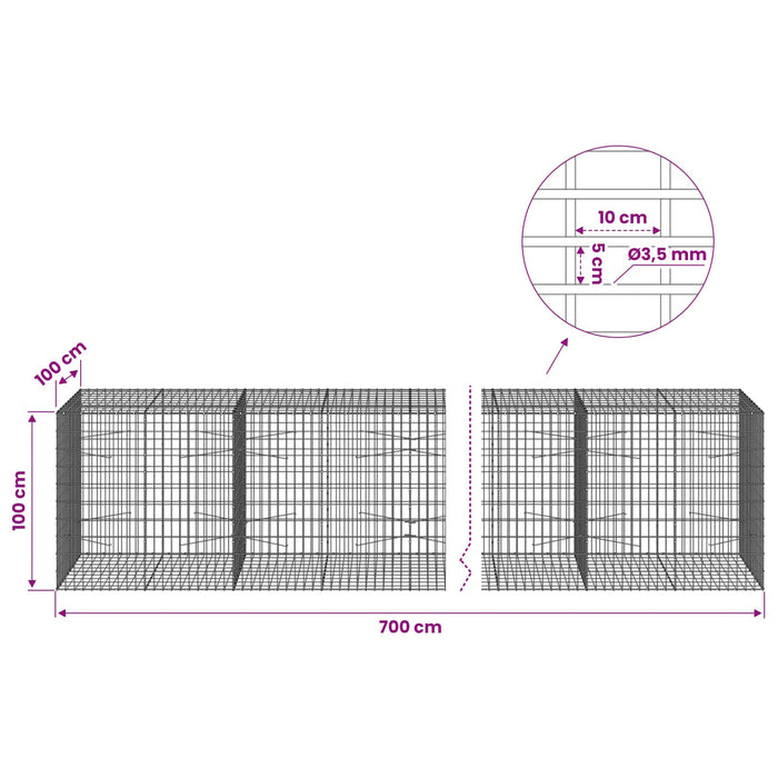 Gabion cu Sârmă de 3,5 mm și Plasă de 5x10 cm 700x100x100 cm - WALTI WALTI