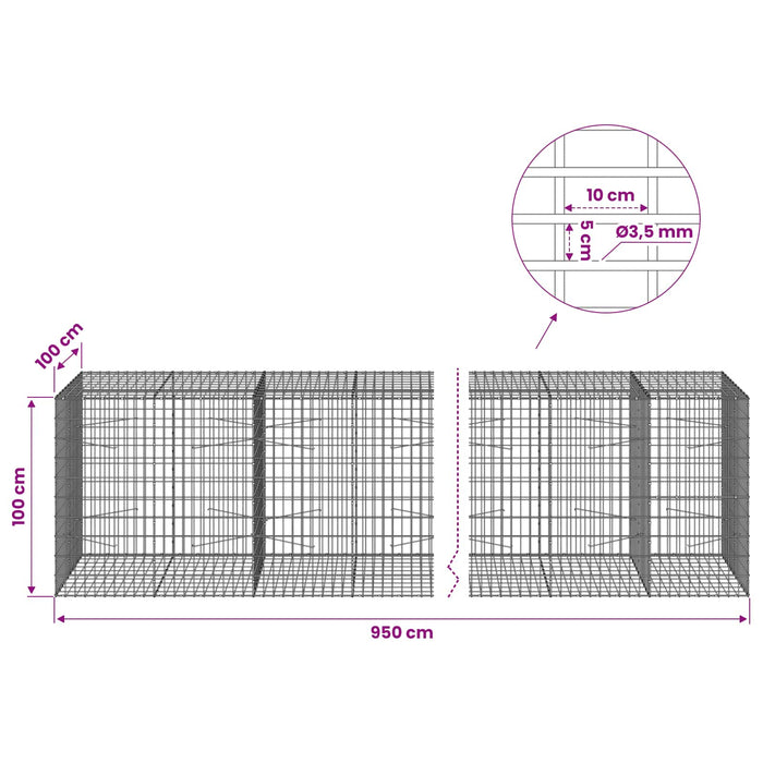Gabion cu Sârmă de 3,5 mm și Plasă de 5x10 cm 950x100x100 cm WALTI