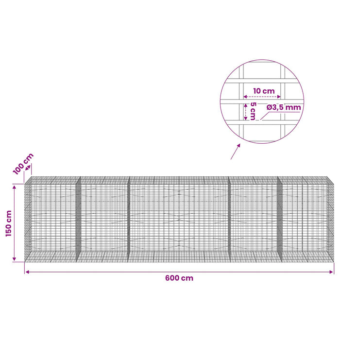 Gabion cu Sârmă de 3,5 mm și Plasă de 5x10 cm 600x100x150 cm WALTI