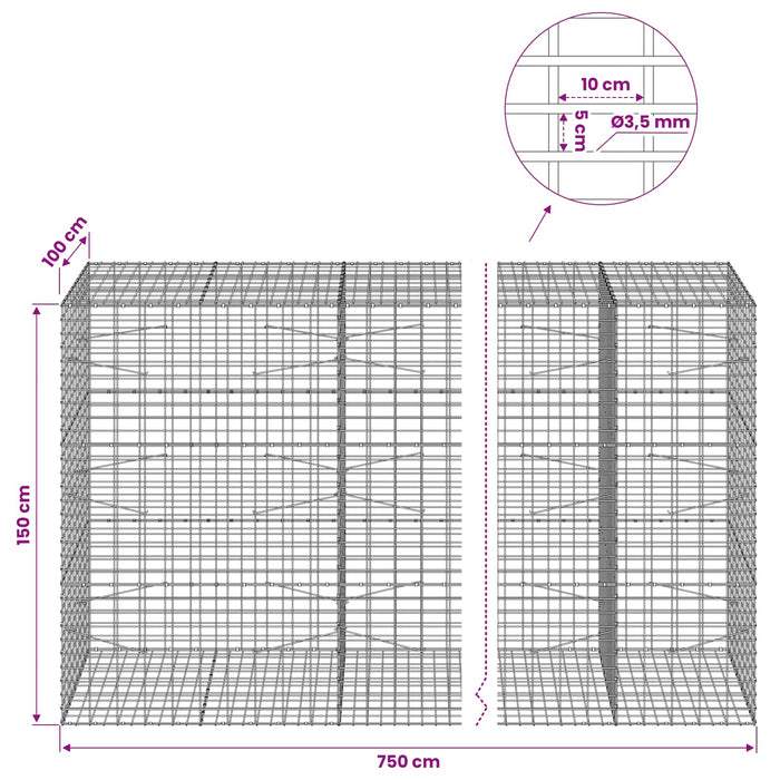 Gabion cu Sârmă de 3,5 mm și Plasă de 5x10 cm 750x100x150 cm WALTI