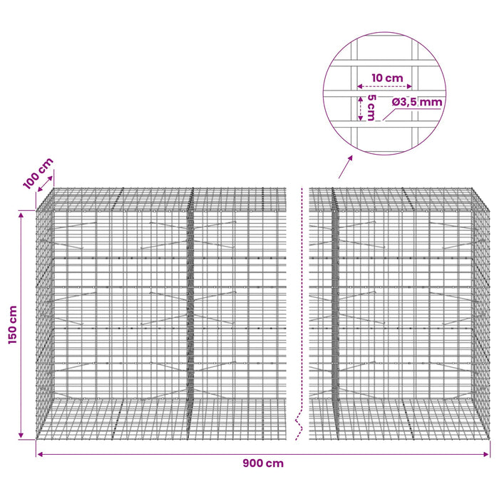 Gabion cu Sârmă de 3,5 mm și Plasă de 5x10 cm 900x100x150 cm WALTI