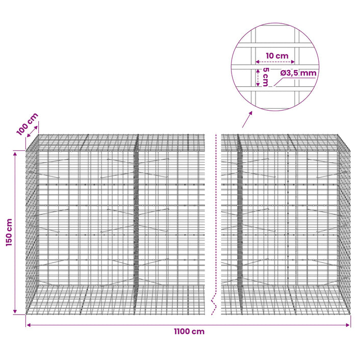 Gabion cu Sârmă de 3,5 mm și Plasă de 5x10 cm 1100x100x150 cm WALTI