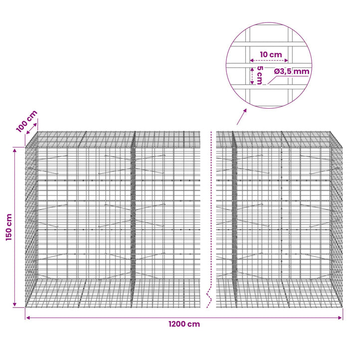 Gabion cu Sârmă de 3,5 mm și Plasă de 5x10 cm 1200x100x150 cm WALTI