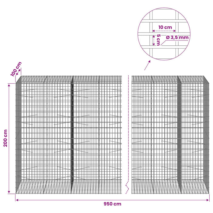 Gabion cu Sârmă de 3,5 mm și Plasă de 5x10 cm 950x100x200 cm WALTI