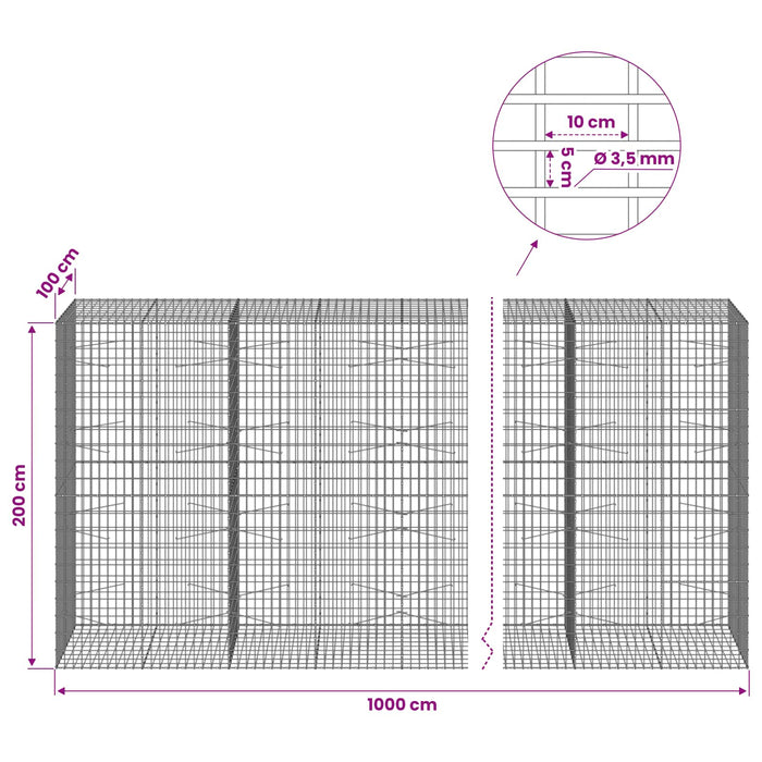 Gabion cu Sârmă de 3,5 mm și Plasă de 5x10 cm 1000x100x200 cm WALTI