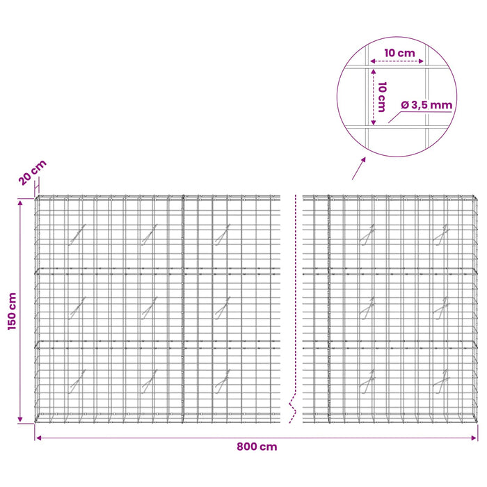 Gabion cu Fir de 3,5 mm și Plasă de 10x10 cm 800x20x150 cm WALTI
