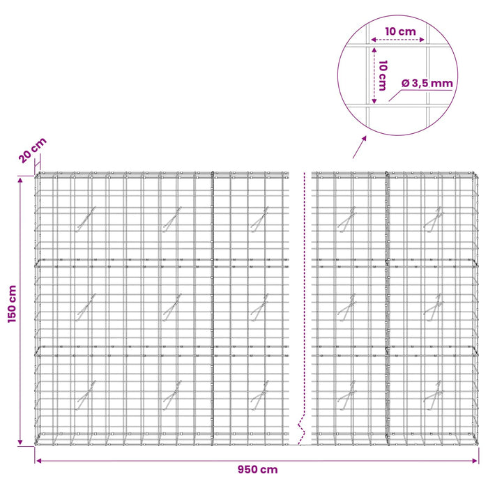 Gabion cu Fir de 3,5 mm și Plasă de 10x10 cm 950x20x150 cm WALTI