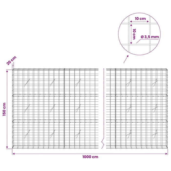 Gabion cu Fir de 3,5 mm și Plasă de 10x10 cm 1000x20x150 cm WALTI