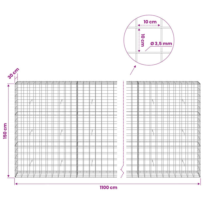 Gabion cu Fir de 3,5 mm și Plasă de 10x10 cm 1100x30x150 cm - WALTI WALTI